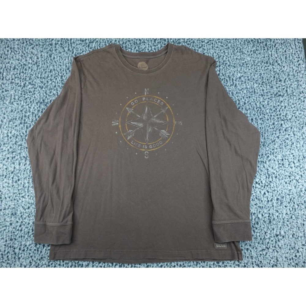 Life is Good Compass Shirt Mens XXL Brown Long‎ Sleeve Go Places Graphic Tee